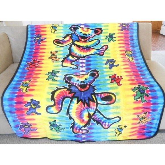New Grateful Dead Tie Dye Dancing Bears Plush Throw Gift Blanket Fleece Rainbow - Picture 1 of 5